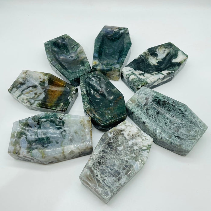 Large Moss Agate Shallow Bowl Coffin Wholesale