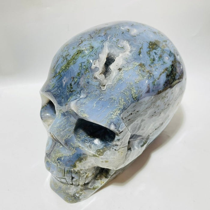 Large Geode Druzy Moss Agate Skull Carving