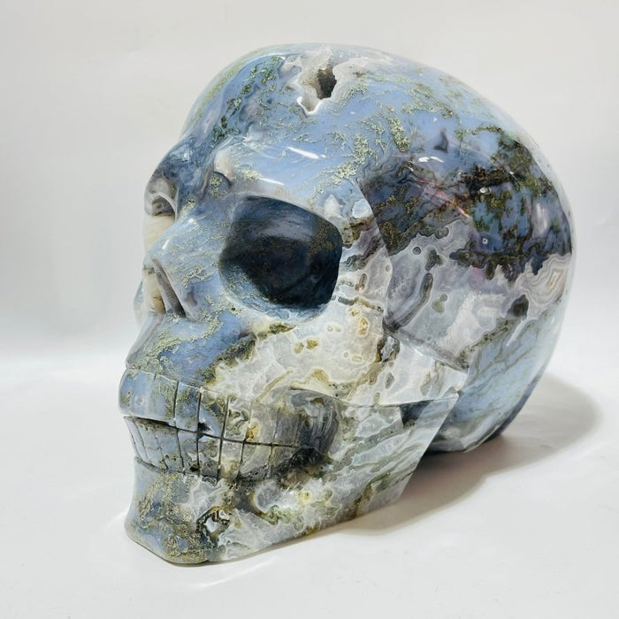 Large Geode Druzy Moss Agate Skull Carving