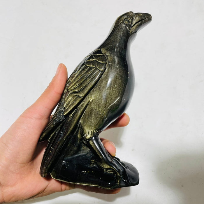 Large Unique Gold Sheen Obsidian Crow Carving