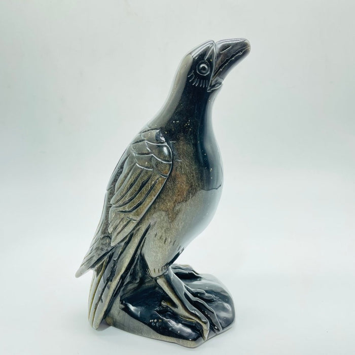 Large Unique Gold Sheen Obsidian Crow Carving