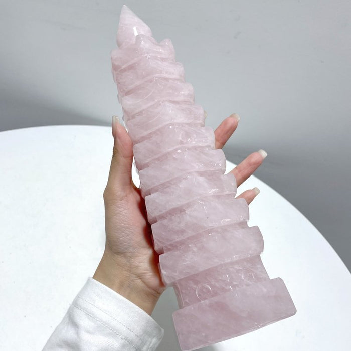 Large Unique Rose Quartz Wenchang Tower 9-level Pagoda