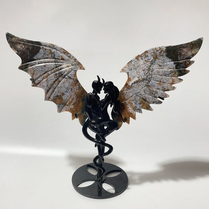 Colorful Moss Agate Demon and Angel Wing Carving With Stand