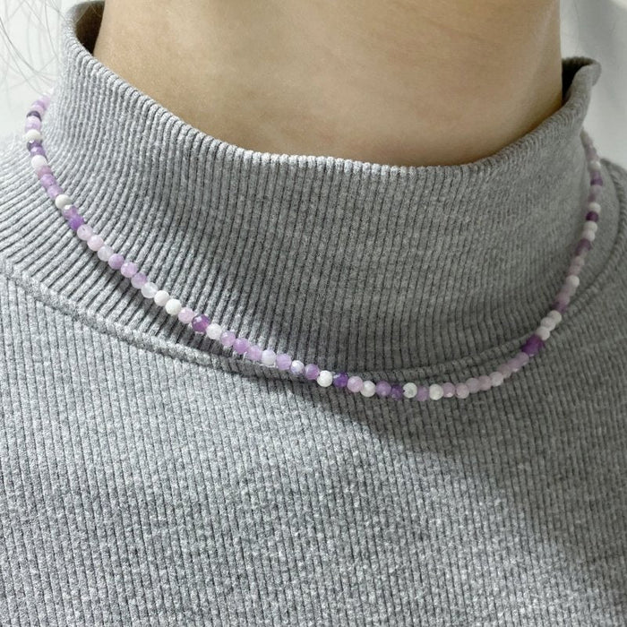 Multi-Faceted Crystal Flash Bead Necklace Garnet Lepidolite