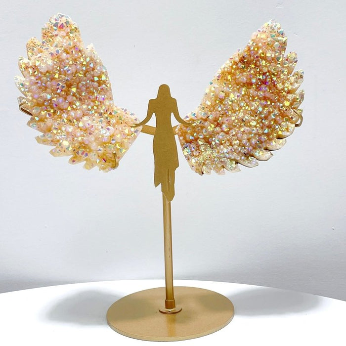 Orange Aura Quartz Cluster Angel Wing Carving With Stand