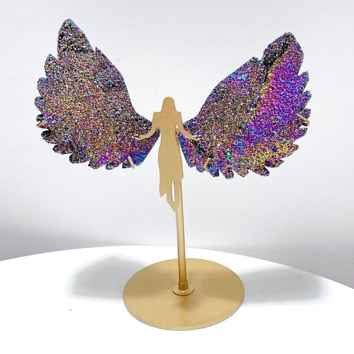 Purple Aura Quartz Cluster Angel Wing Carving With Stand