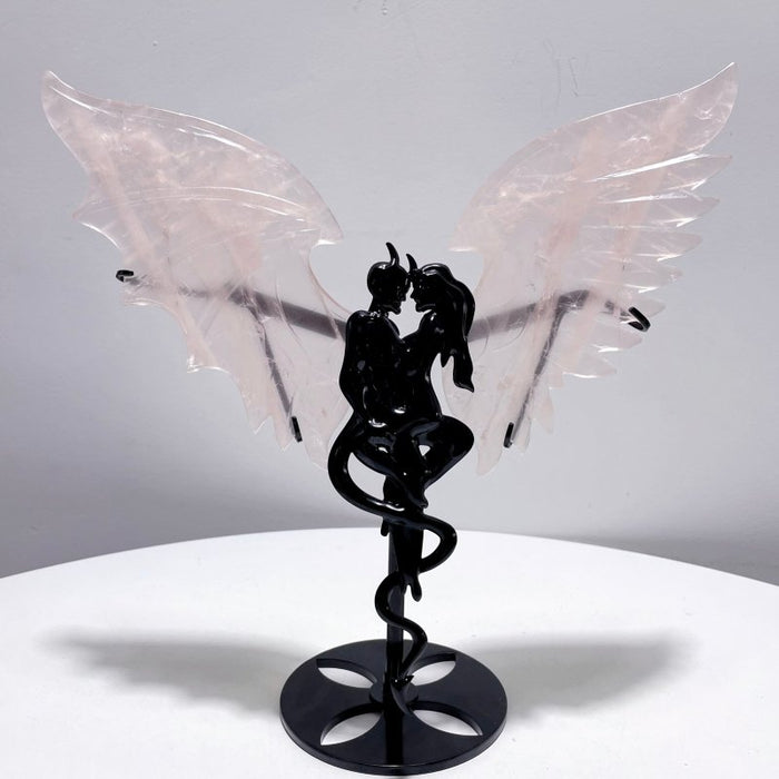 Rose Quartz Demon And Angel Wing Carving With Stand