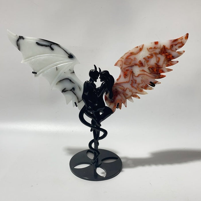 Smelting Agate Demon And Angel Wing Carving With Stand