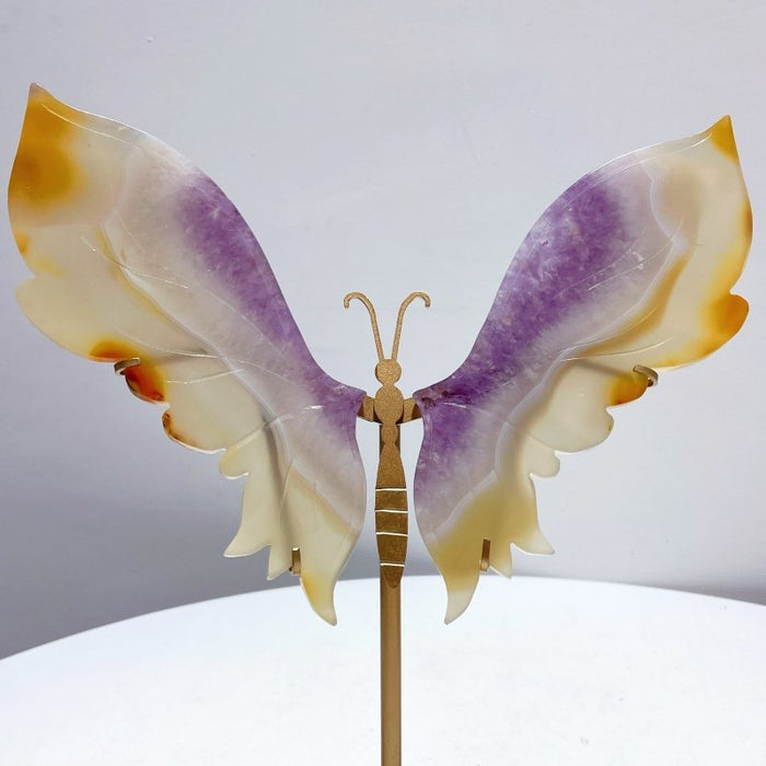 Unique Agate Mixed Amethyst Butterfly Wing Carving With Stand
