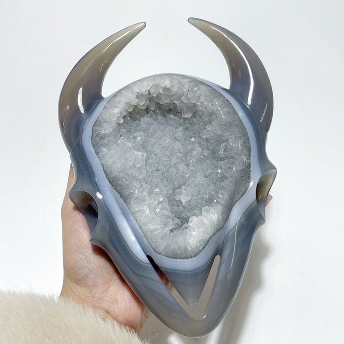 Unique Large Geode Druzy Agate Demon Sheep Head Carving