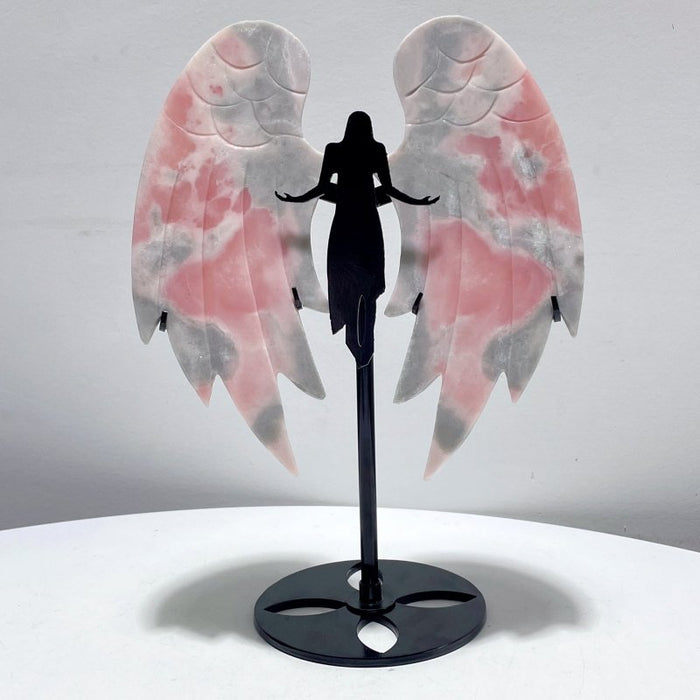 Unique Pink Opal Angel Wing Carving With Stand