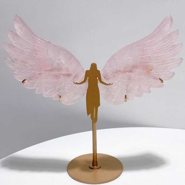 Unique Rose Quartz Angel Wing Carving With Stand