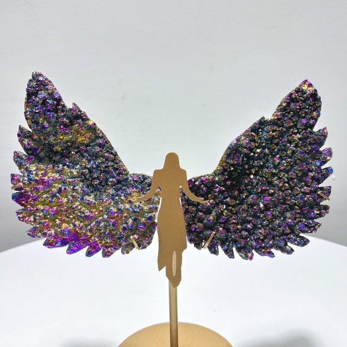 Yellow And Purple Aura Quartz Cluster Angel Wing Carving With Stand