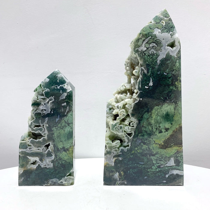 2 Pieces Large Druzy Moss Agate Geode Rough-Sided Tower