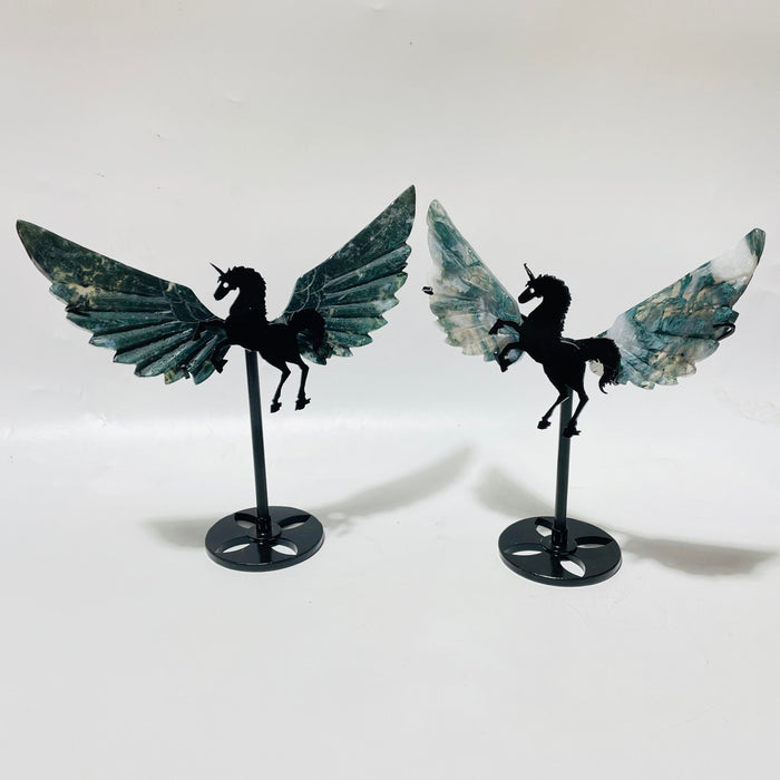 9 Pairs Moss Agate Small Pegasus Wing Carving With Stand