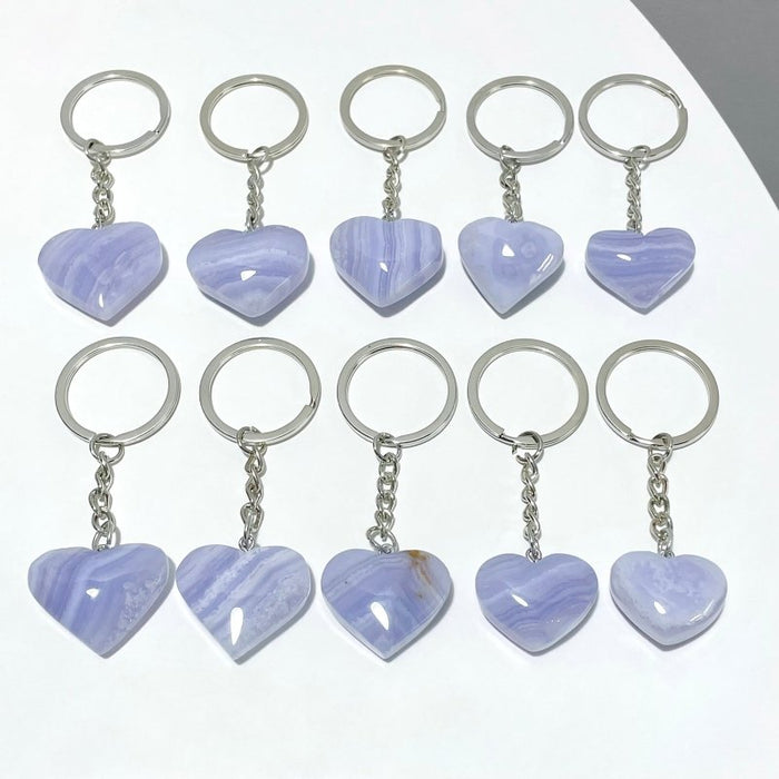 10 Pieces Blue Lace Agate Heart Keychain