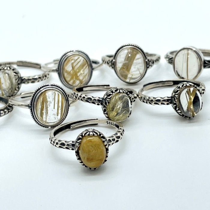 10 Pieces Gold Rutile Quartz Different Styles Sterling Silver Ring