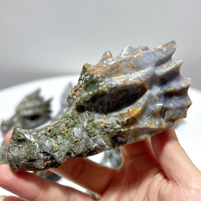 11 Pieces Large Colorful Moss Agate Dragon Head Carving