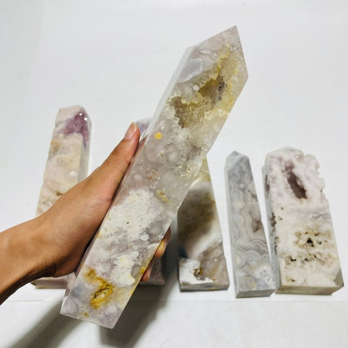 6 Pieces Large Pink Sakura Flower Agate Geode Four-Sided Points