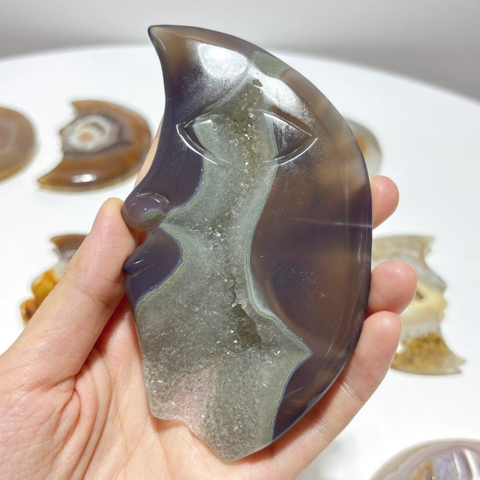 12 Pieces Druzy Geode Agate Moon Face Carving