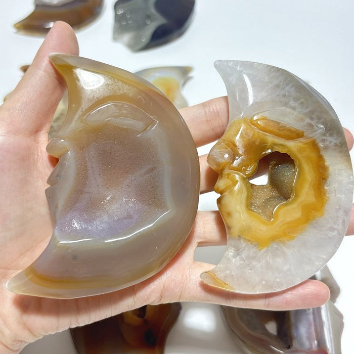 12 Pieces Druzy Geode Agate Moon Face Carving