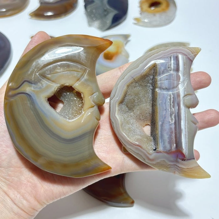 12 Pieces Druzy Geode Agate Moon Face Carving