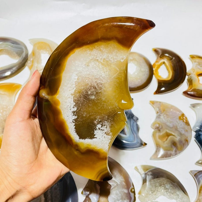 18 Pieces Large Agate Druzy Geode Moon Face Carving
