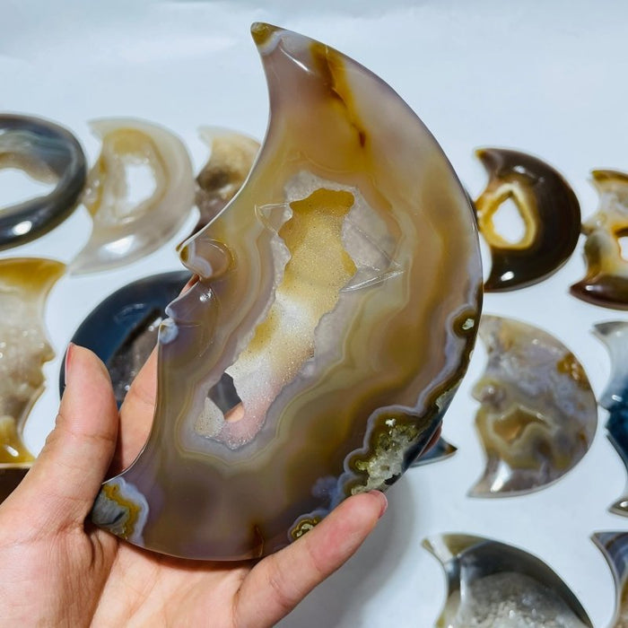18 Pieces Large Agate Druzy Geode Moon Face Carving