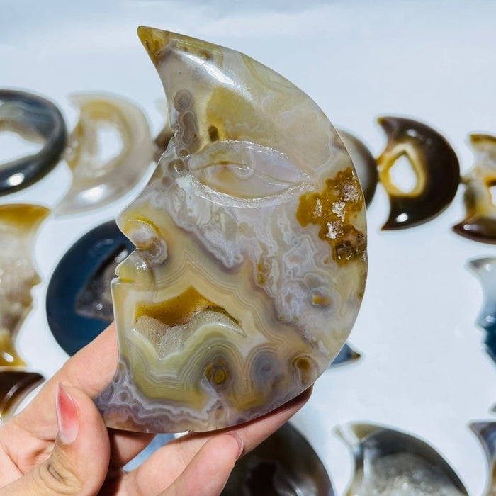 18 Pieces Large Agate Druzy Geode Moon Face Carving