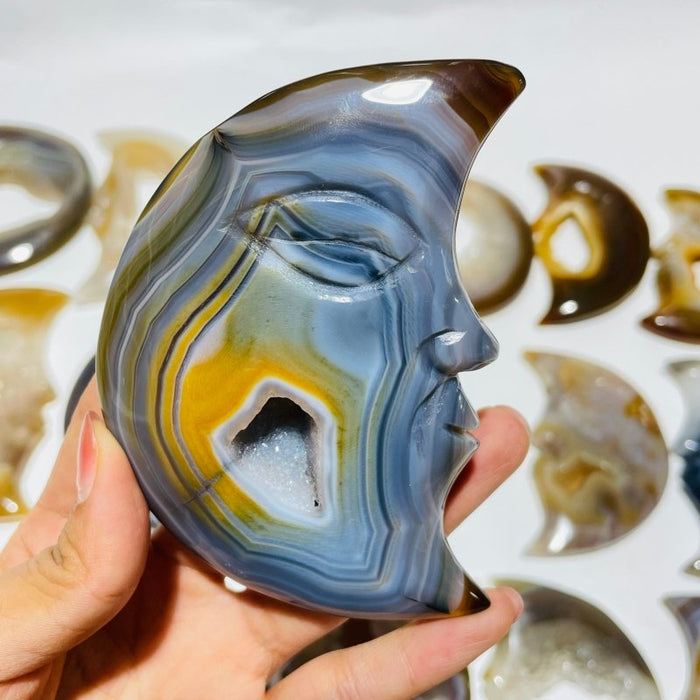18 Pieces Large Agate Druzy Geode Moon Face Carving