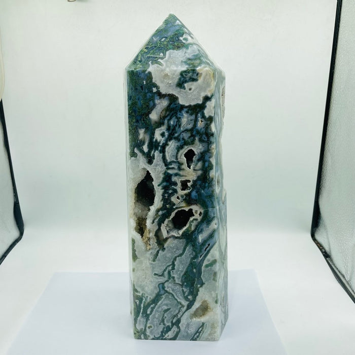 13in Large Unique Druzy Moss Agate Tower