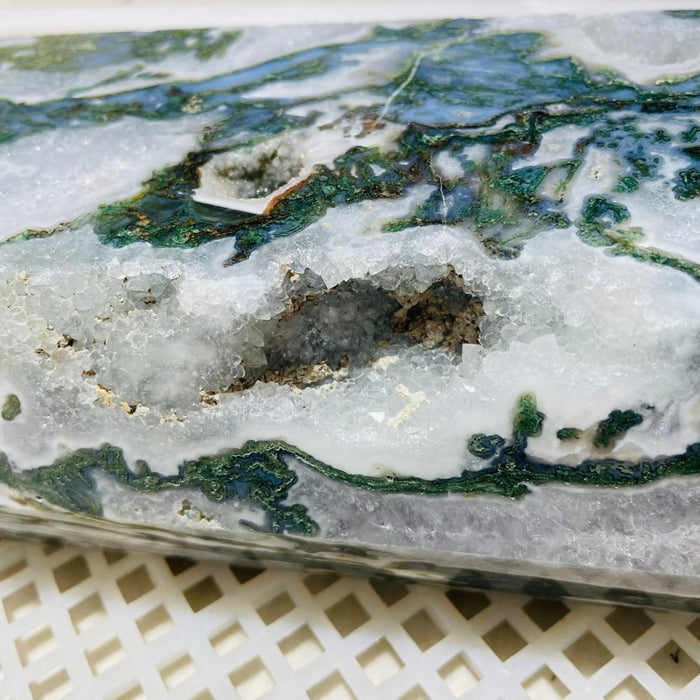 16In Large Moss Agate Geode Druzy Tower