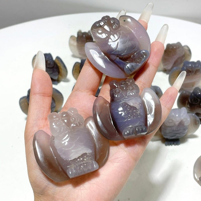 17 Pieces Geode Druzy Agate Owl Carving