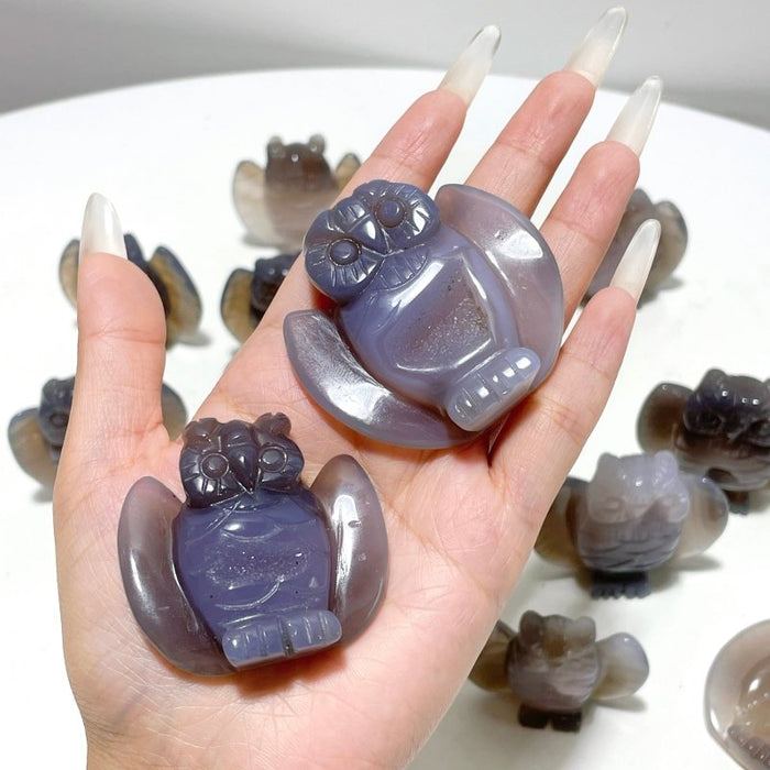 17 Pieces Geode Druzy Agate Owl Carving