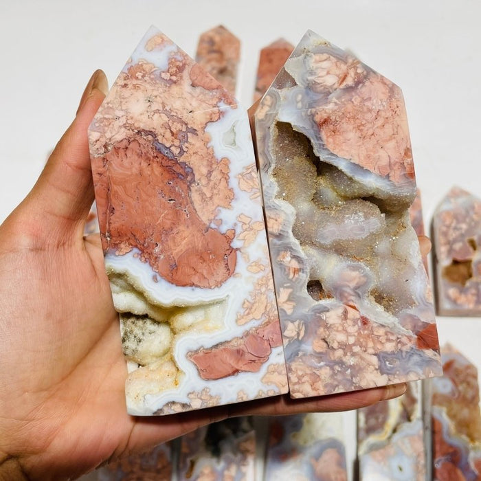17 Pieces High Quality Pink Flower Agate Druzy Geode Four-sided Tower