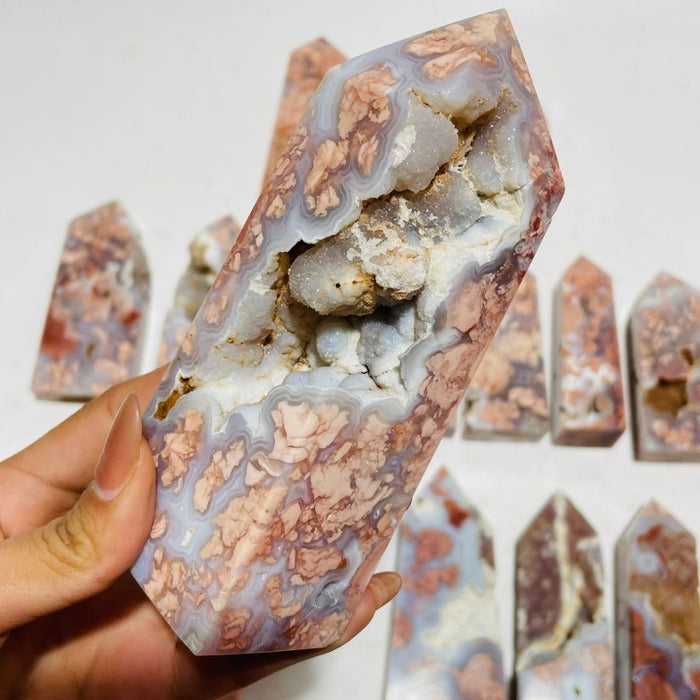 17 Pieces High Quality Pink Flower Agate Druzy Geode Four-sided Tower