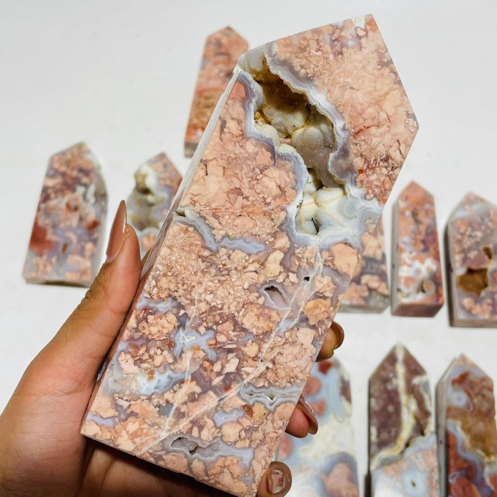 17 Pieces High Quality Pink Flower Agate Druzy Geode Four-sided Tower