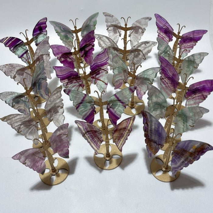 18 Pairs Rainbow Fluorite Symmetry Small Butterfly Wing With Stand