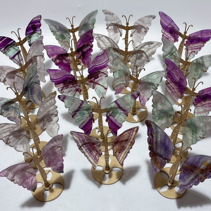 18 Pairs Rainbow Fluorite Symmetry Small Butterfly Wing With Stand