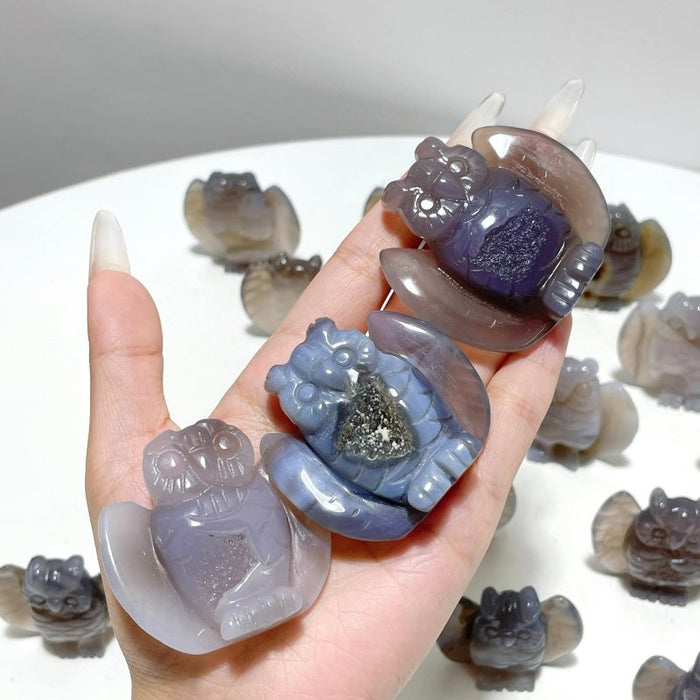 18 Pieces Geode Druzy Agate Owl Carving