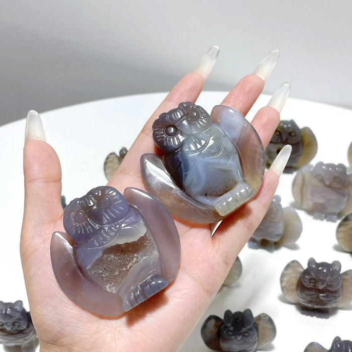 18 Pieces Geode Druzy Agate Owl Carving