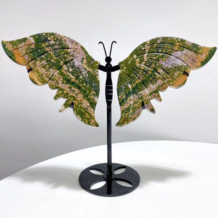 2 Pairs 8th Vein Ocean Jasper Butterfly Wing Carving With Stand