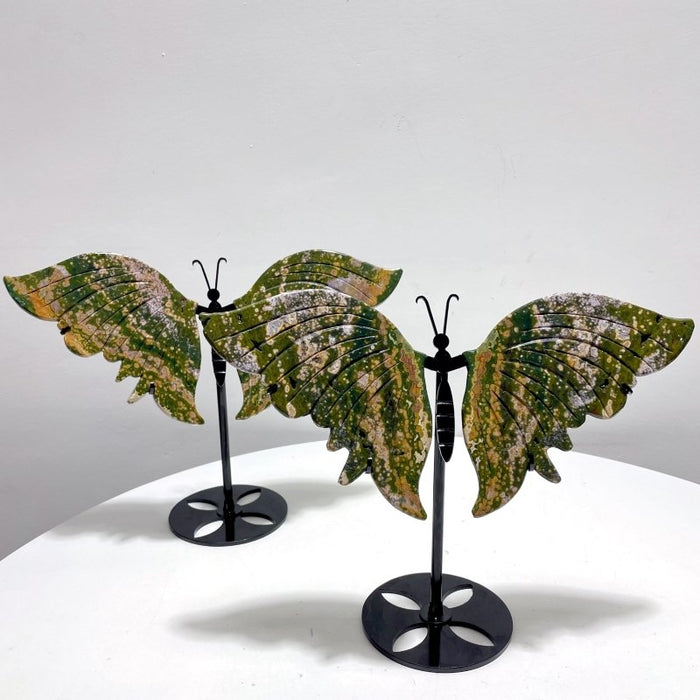 2 Pairs 8th Vein Ocean Jasper Butterfly Wing Carving With Stand