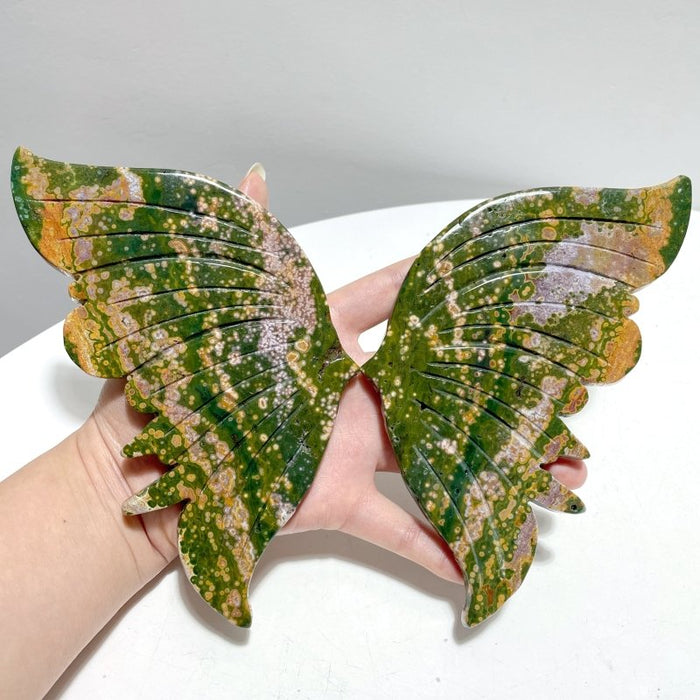 2 Pairs 8th Vein Ocean Jasper Butterfly Wing Carving With Stand