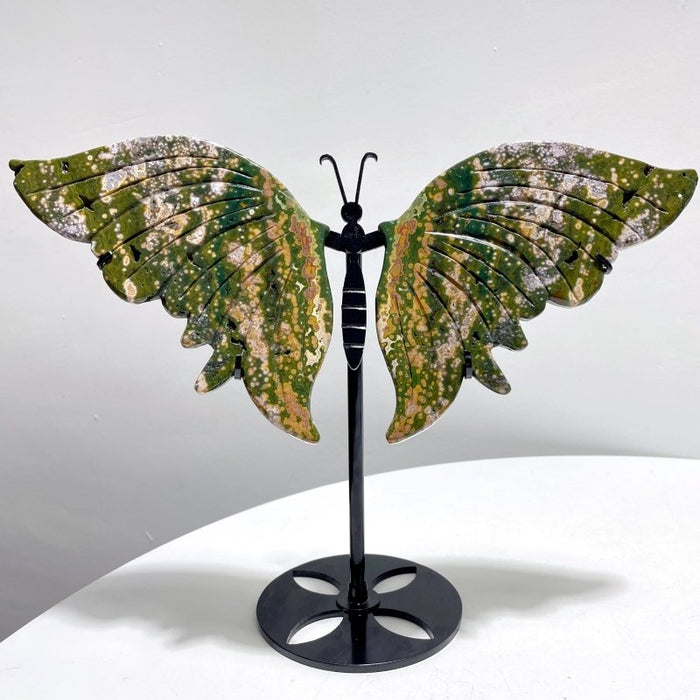 2 Pairs 8th Vein Ocean Jasper Butterfly Wing Carving With Stand