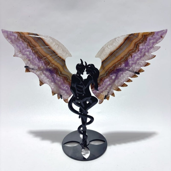 2 Pairs Amethyst Mixed Agate Demon And Angel Symmetry Wing Carving With Stand