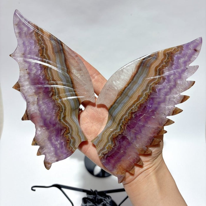2 Pairs Amethyst Mixed Agate Demon And Angel Symmetry Wing Carving With Stand