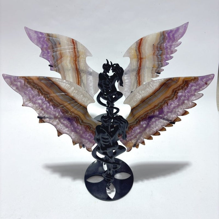 2 Pairs Amethyst Mixed Agate Demon And Angel Symmetry Wing Carving With Stand