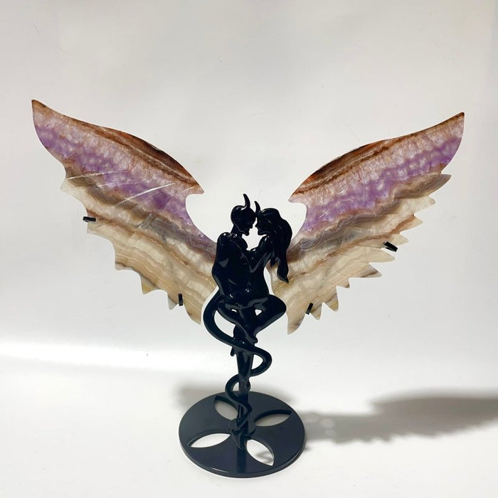 2 Pairs Amethyst Mixed Striped Agate Demon And Angel Wing Carving With Stand