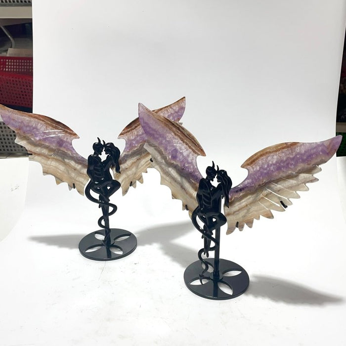 2 Pairs Amethyst Mixed Striped Agate Demon And Angel Wing Carving With Stand